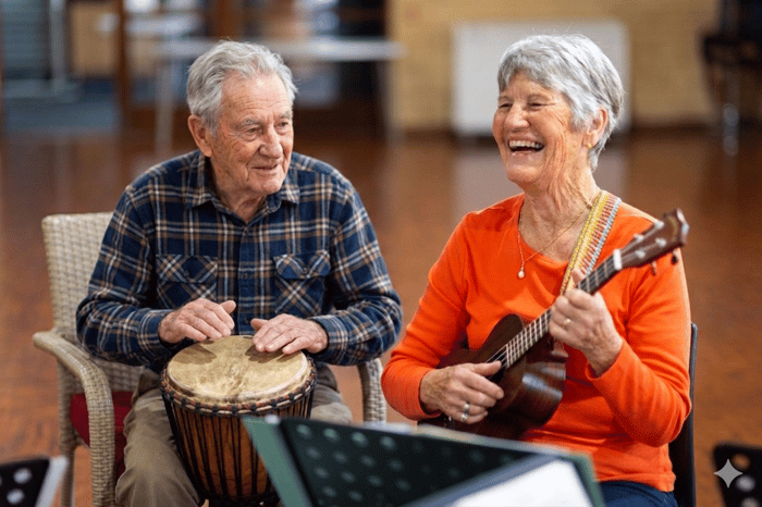 Älterer Mann mit Handtrommel und ältere Frau mit einer Ukulele